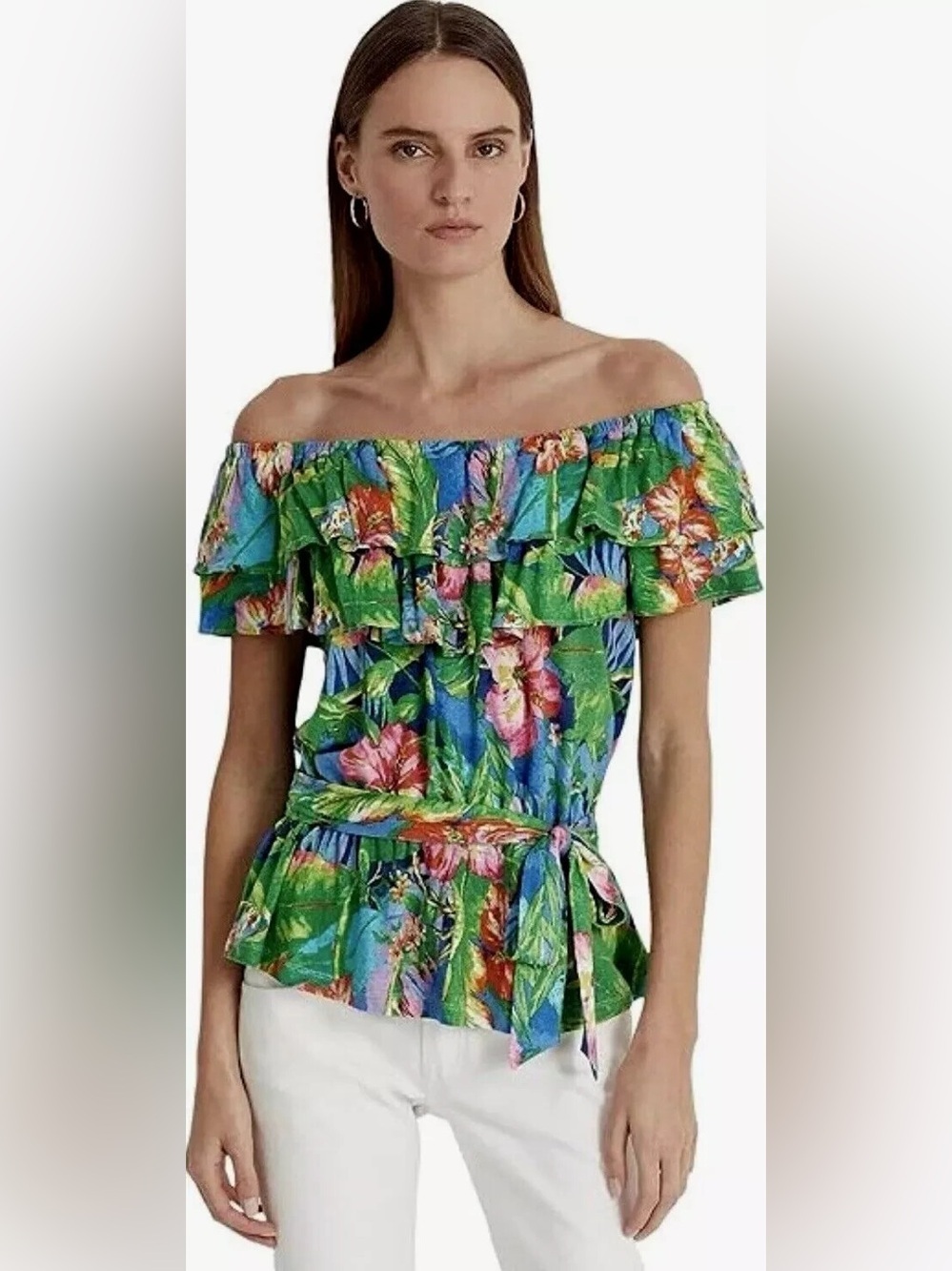 Ralph Lauren Green Tropical Off-Shoulder Ruffle Top